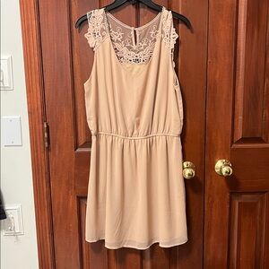 Fun and Classy Lace Lined Sleeveless Dress in Beige/Taupe